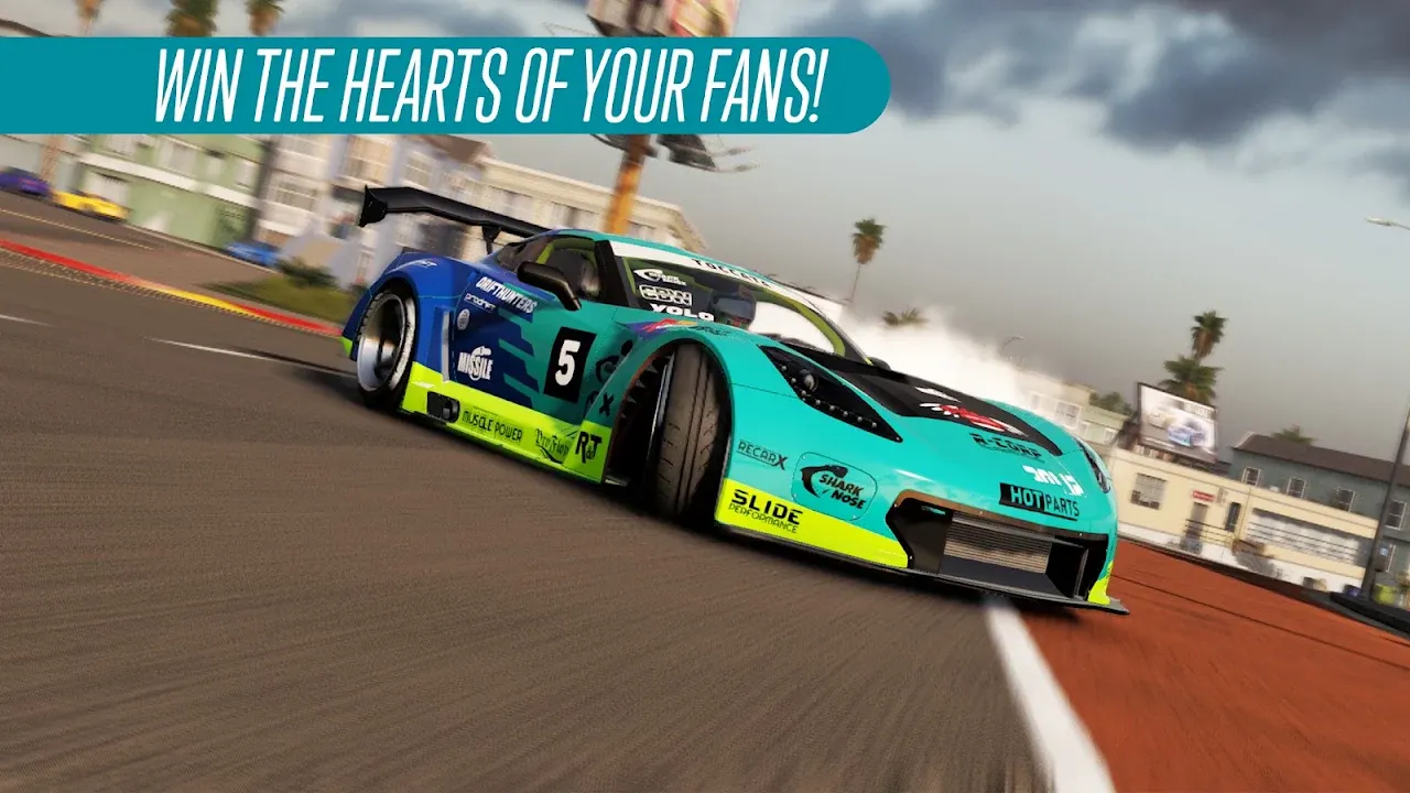 Captura de ecrã oficial de CarX Drift Racing 2 mostrando um carro a derrapar numa pista de rua