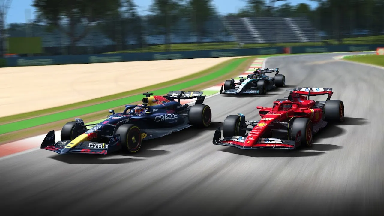 Captura de ecrã oficial de Real Racing 3 com monolugares de Fórmula 1 em pista